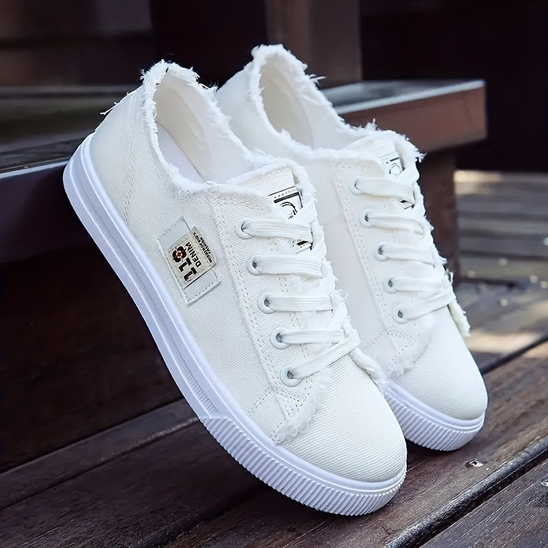 Women's Letter Patched Skate Shoes Raw Trim Lace Up Flatform Sneakers