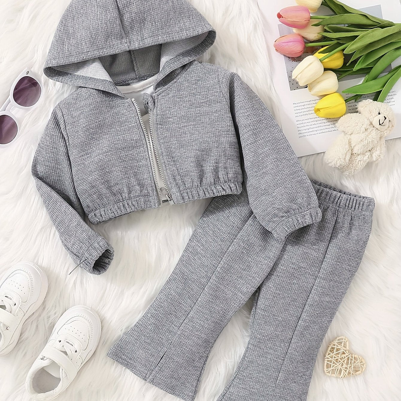 Baby Girl Waffle Hooded Top and Pants Set