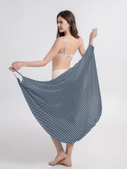 Navy Stripes V Neck Cover Up High Strech Backless Dress Women's Swimwear