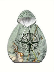 Compass Print Graphic Hoodie Loose Pullover for Men