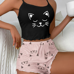 Cat Print Pajama Set Crew Neck Cami Top & Shorts Women Sleepwear