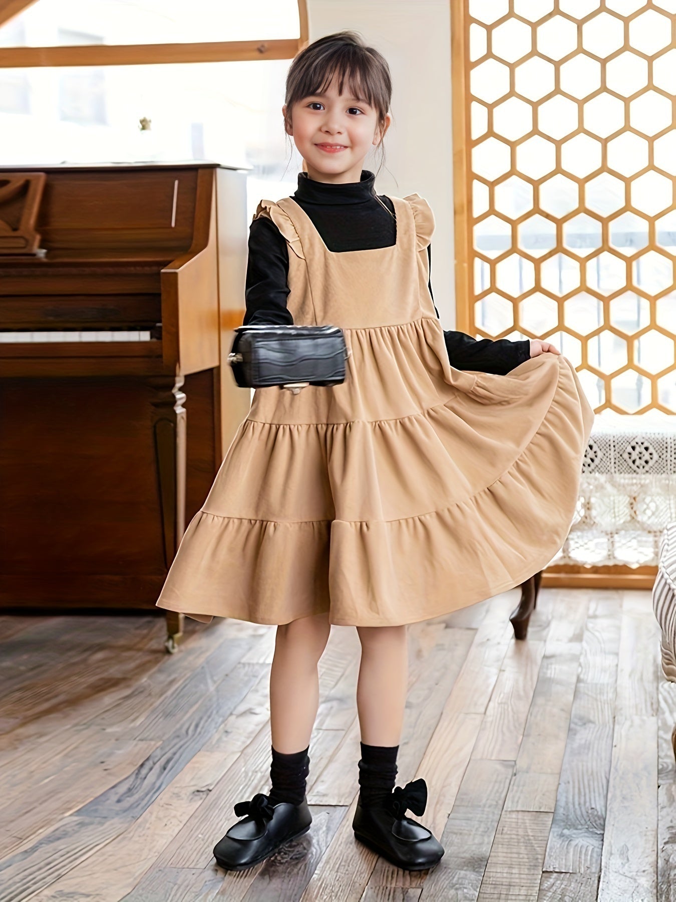 Girls Flutter Trim Suspender Dress Fall Party