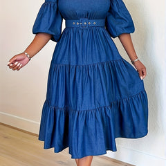 Women's Plus Solid Bubble Sleeve Midi Smock Dress