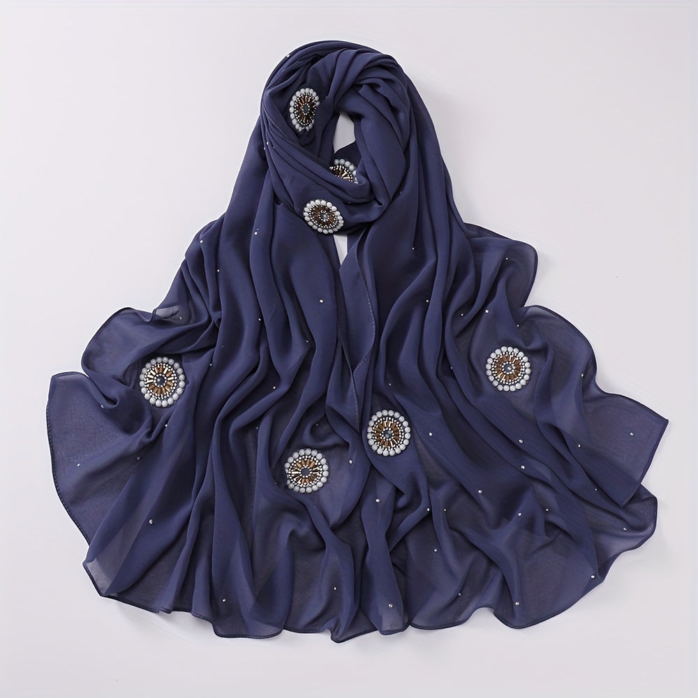Chiffon Hijab Rhinestone Faux Pearl Decor Scarf Solid Shawl