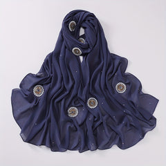Chiffon Hijab Rhinestone Faux Pearl Decor Scarf Solid Shawl