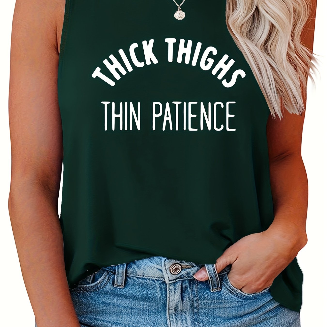 Casual Tank Top Women's Plus Slogan Print Round Neck Slight Stretch