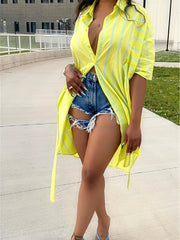 Women's Plus Striped Short Sleeve Button Up Shirt Dress