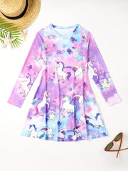 Little Girl Stylish Casual Cartoon Graphic Long Sleeve Dress