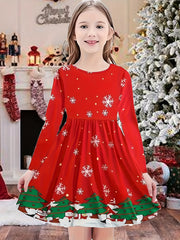 Snowflake Graphic Long Sleeve Dress Girls Comfy Dresses For Christmas