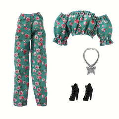Floral Doll Dress Set One Shoulder Doll Outfit with Accessories