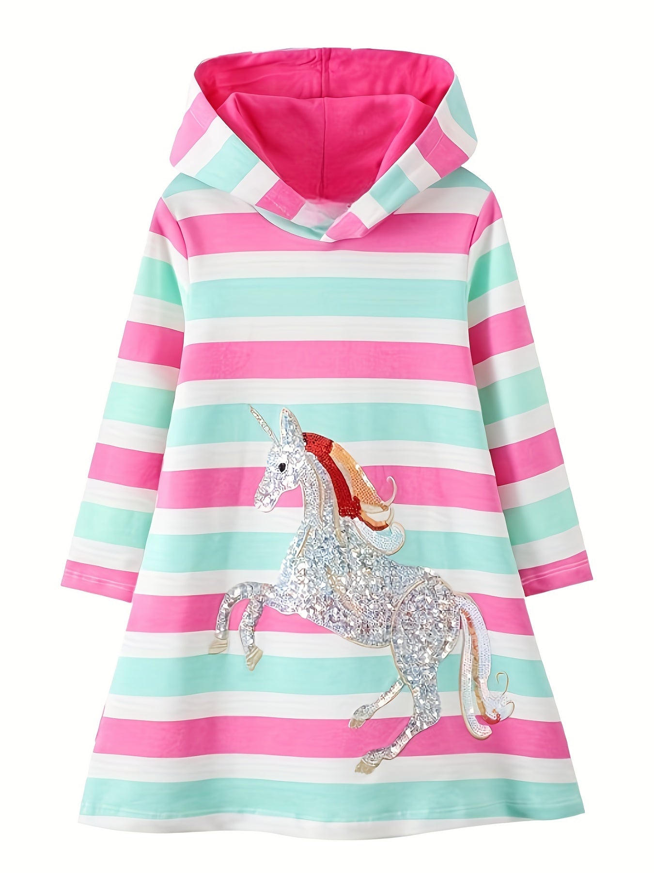 Girls' Unicorn Pattern Long Sleeve Sweatshirt Dress Cotton Hooded Dress