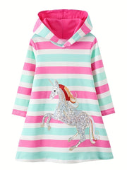 Girls' Unicorn Pattern Long Sleeve Sweatshirt Dress Cotton Hooded Dress