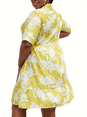 Women's Plus Floral Print Button Up Long Sleeve Shirt Dress
