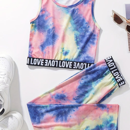 Girls Tie-Dyed Tank Top & High Waist Pants Set