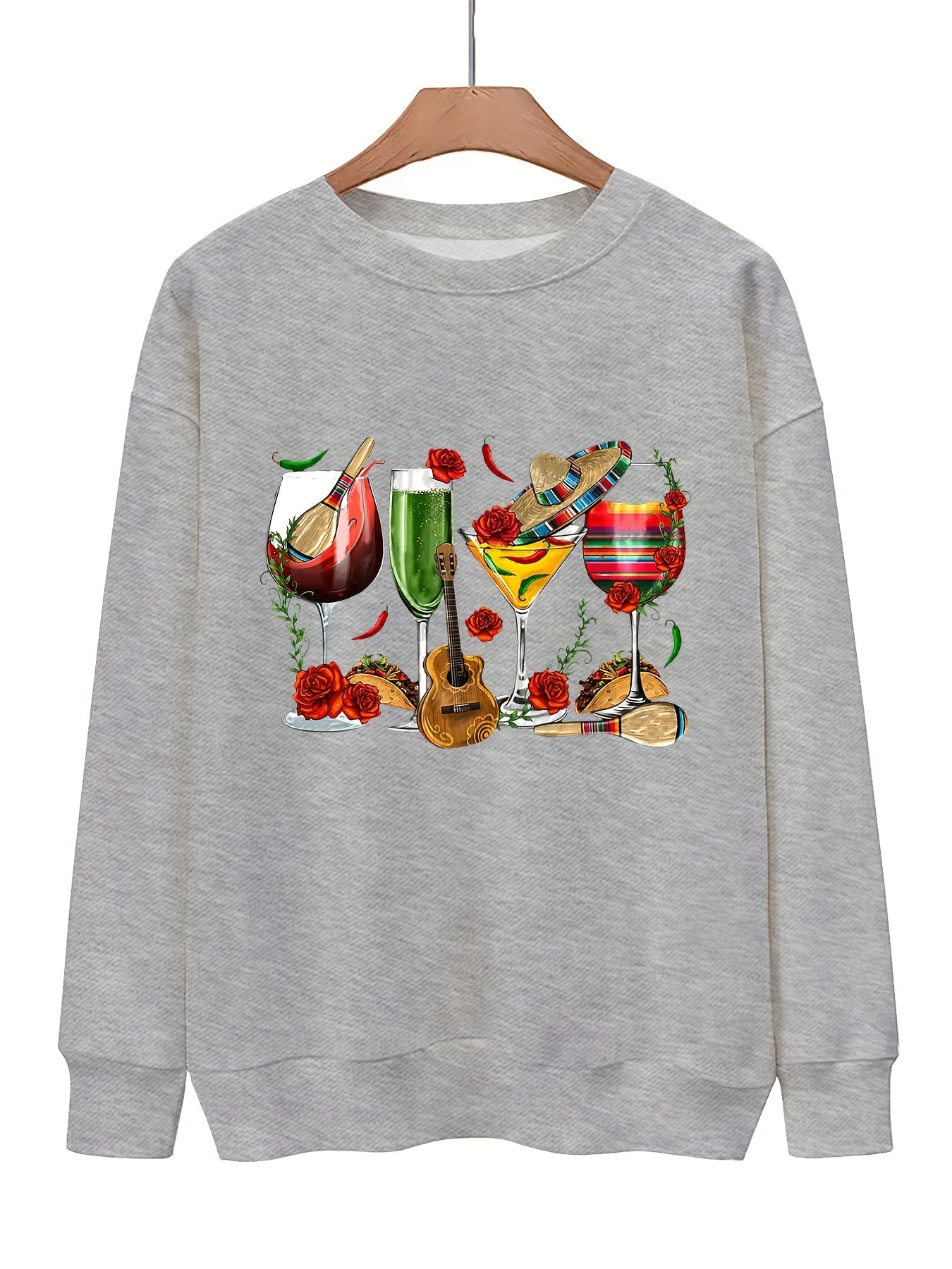 Wine Print Pullover Sweatshirt for Fall & Winter Women's Clothing