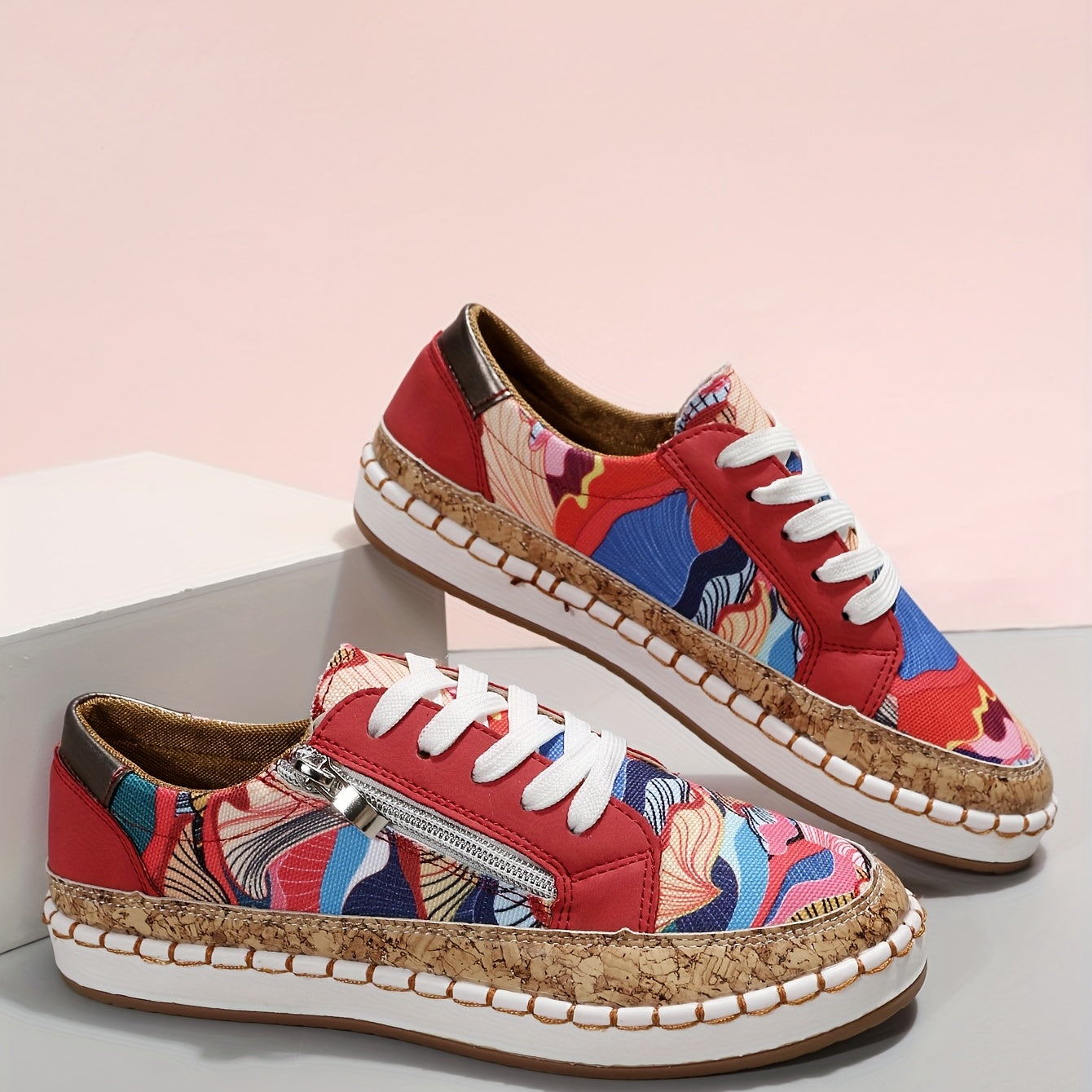 Colorblock Print Low Top Skate Shoes Lace Up Walking Sneakers