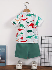 2pcs Boys Dinosaur Print Shirt & Shorts Set Kids Summer Clothes