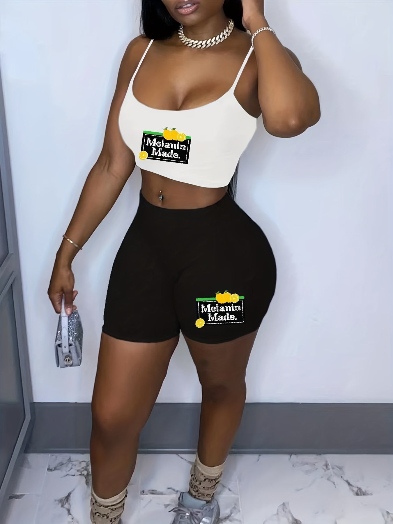 Lemon & Letter Print Cami Crop Top & Shorts 2 Piece Set