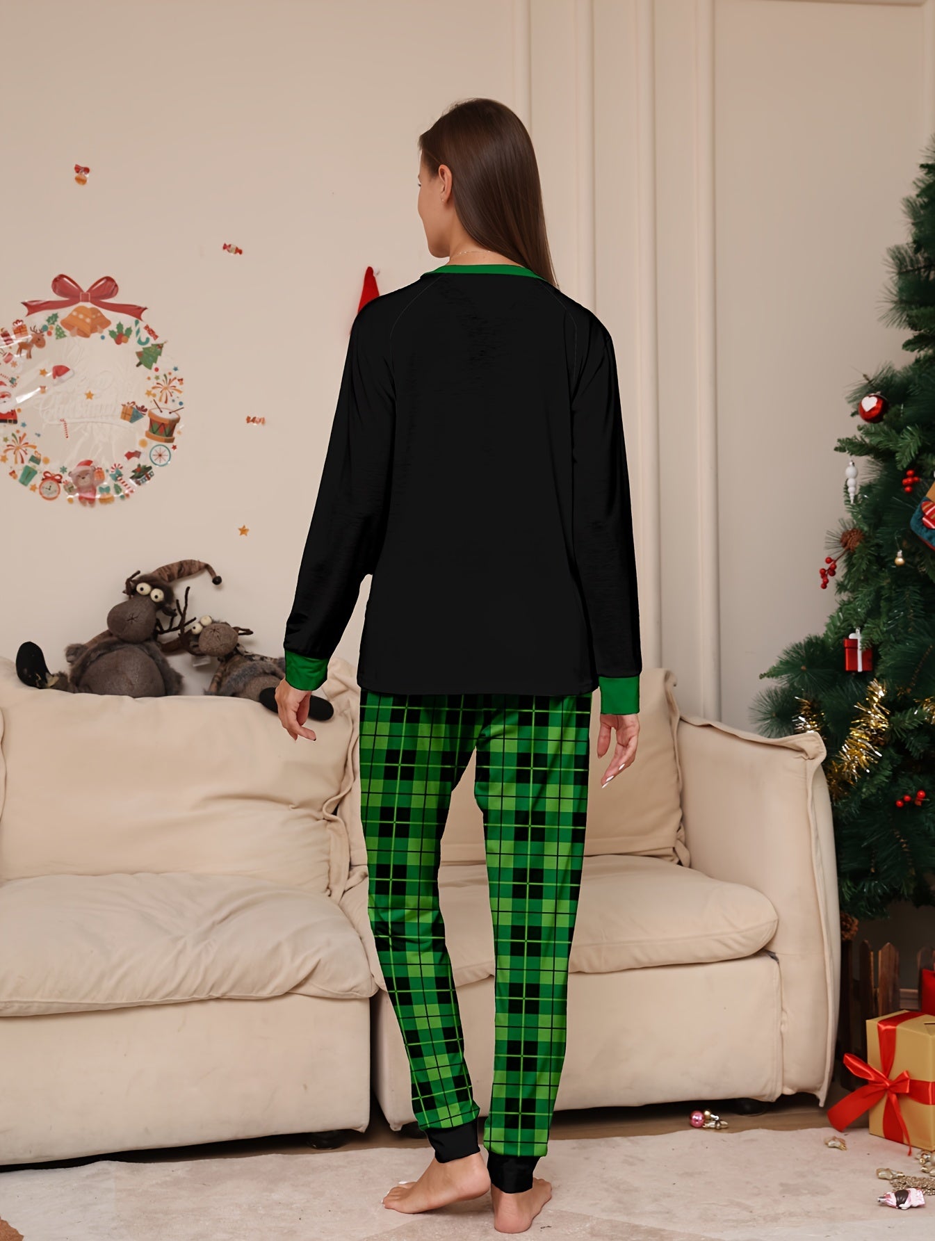 Christmas Dino Print Pajama Set Long Sleeve Top & Plaid Pants Women's Sleepwear
