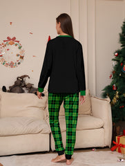 Christmas Dino Print Pajama Set Long Sleeve Top & Plaid Pants Women's Sleepwear