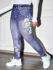 Floral & Denim Print Leggings Casual Stretchy Leggings