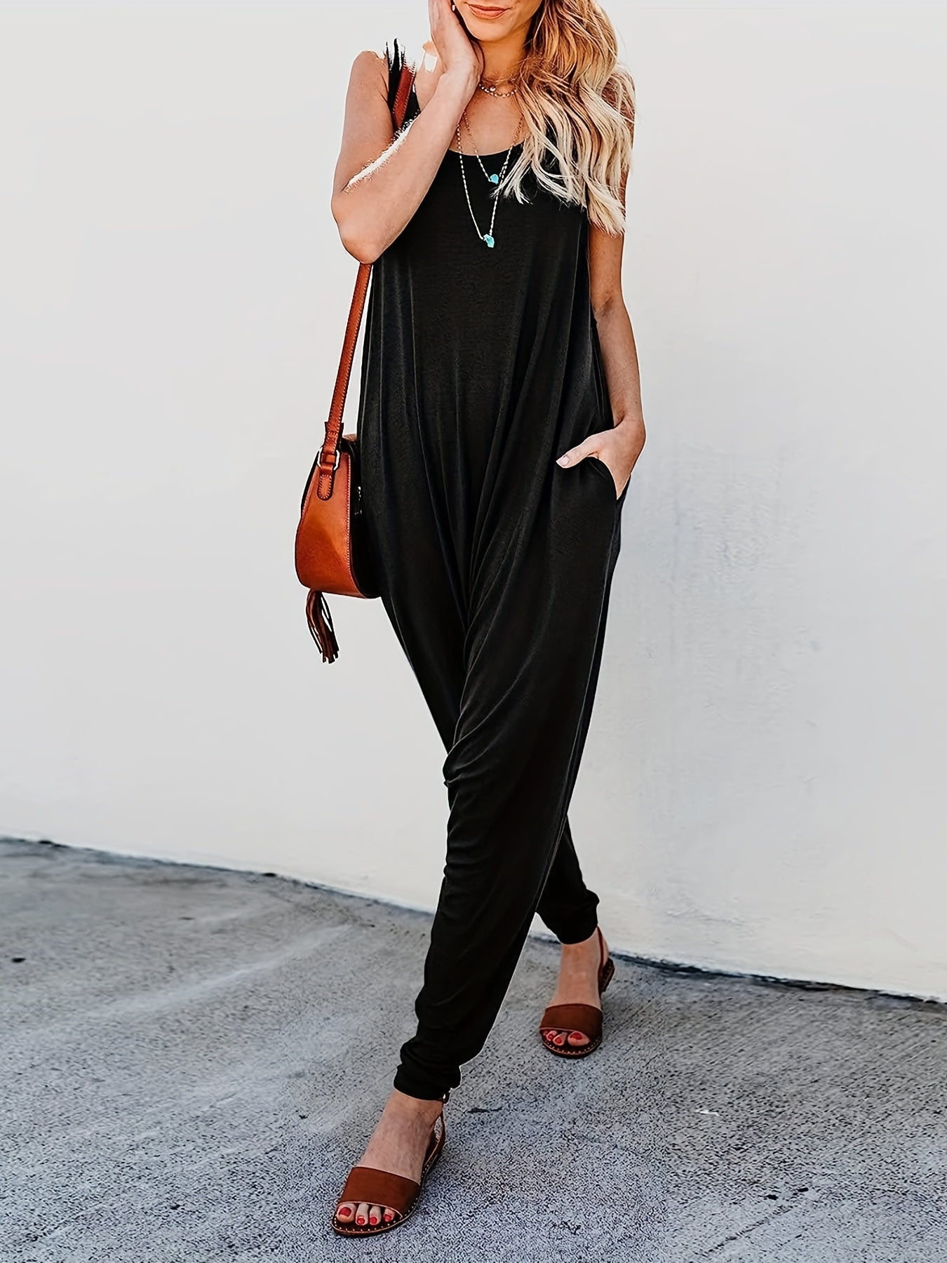 Solid Pockets Loose Tank Jumpsuit Casual Sleeveless Jumpsuit