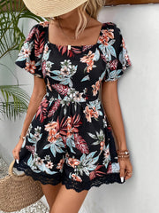 Floral Print Lace Romper Tie Back Short Sleeve Vacation