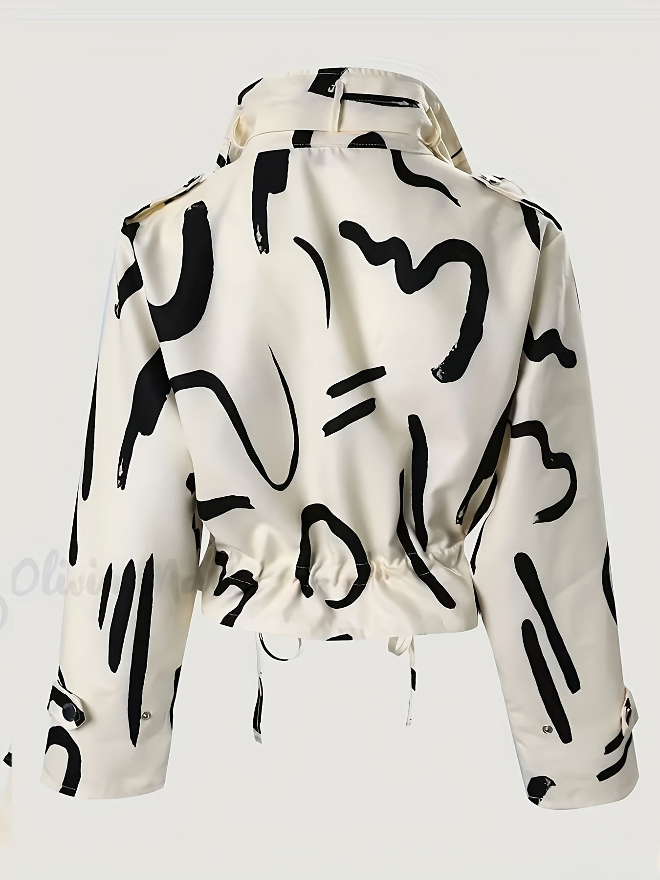 Brush Print Drawstring Crop Jacket Casual Zipper Coat