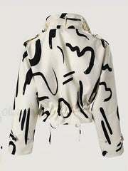 Brush Print Drawstring Crop Jacket Casual Zipper Coat