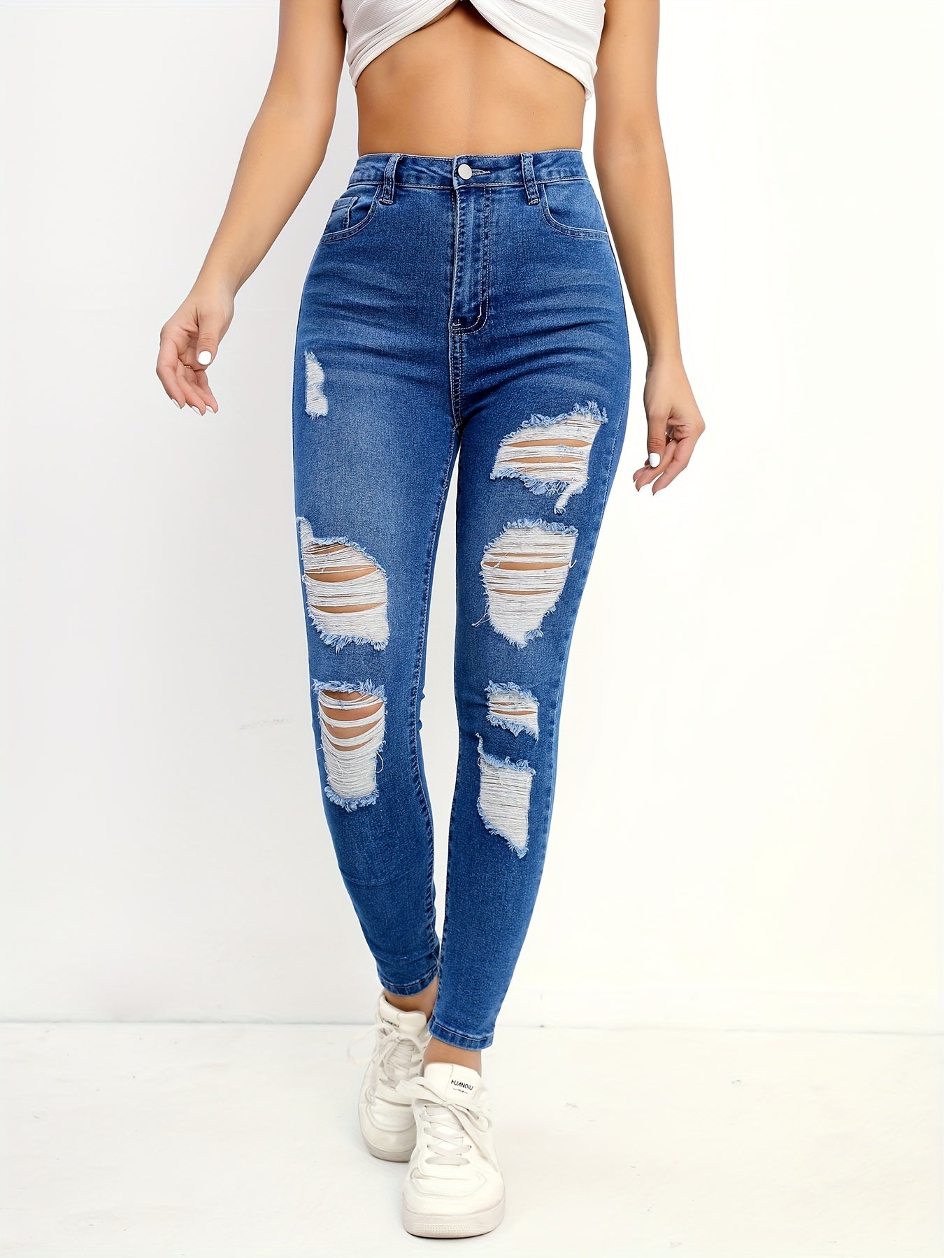 High Waist Skinny Jeans Solid Distressed Denim Pants
