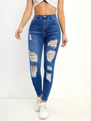 High Waist Skinny Jeans Solid Distressed Denim Pants