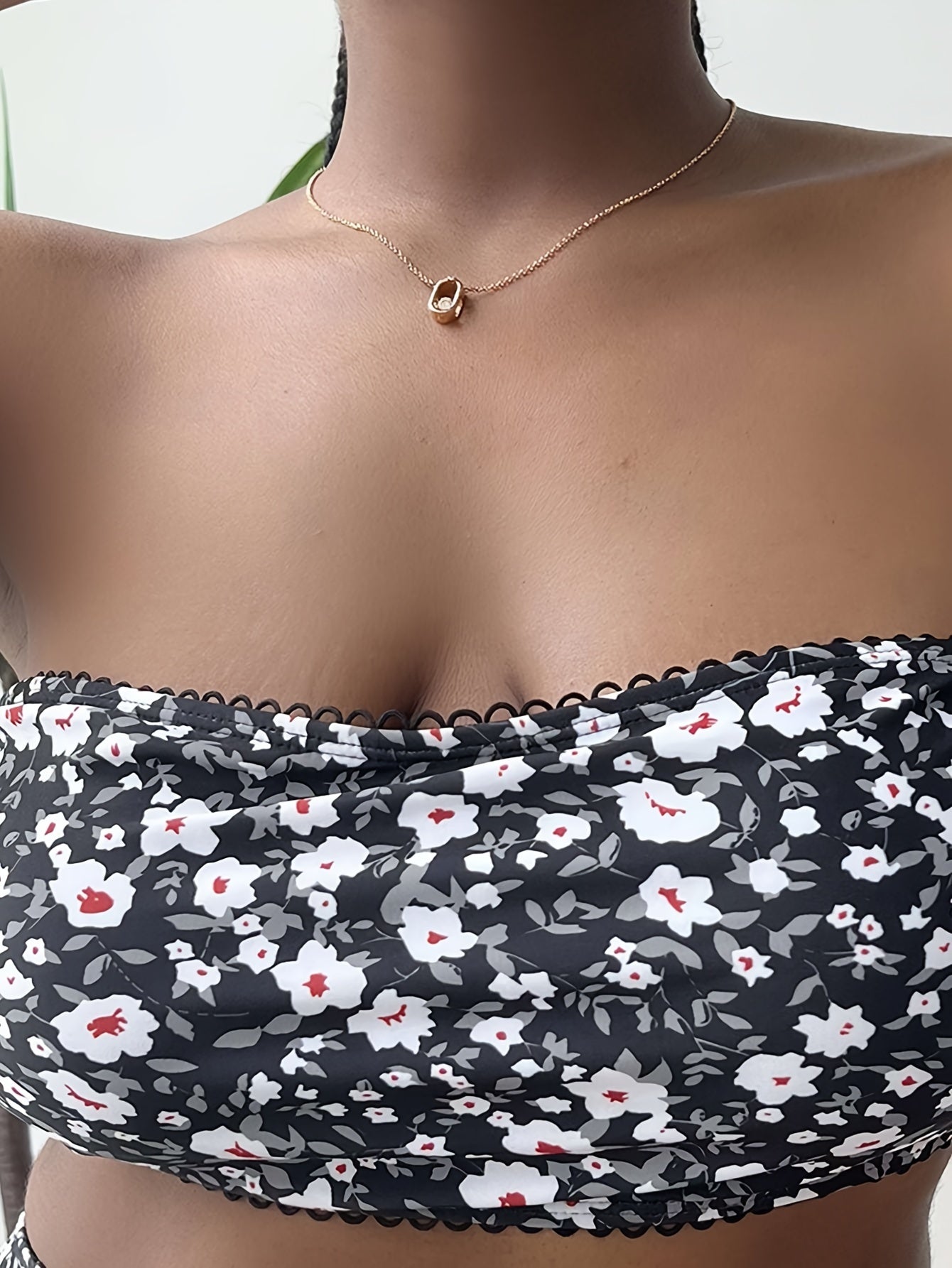 Boho Bikini Top Ditsy Floral Print Wave Trim Swimwear