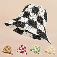 Checkerboard Straw Hat Large Brim Sun Protection Fisherman Hat