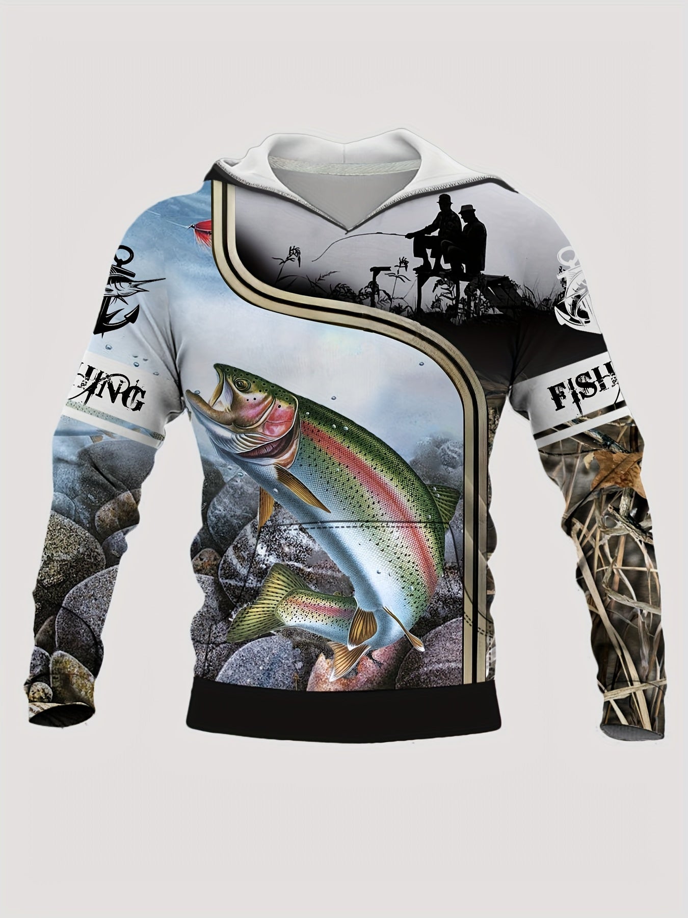 Men's Fishing Print Hoodie with Kangaroo Pocket for Autumn Winter