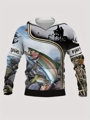 Men's Fishing Print Hoodie with Kangaroo Pocket for Autumn Winter