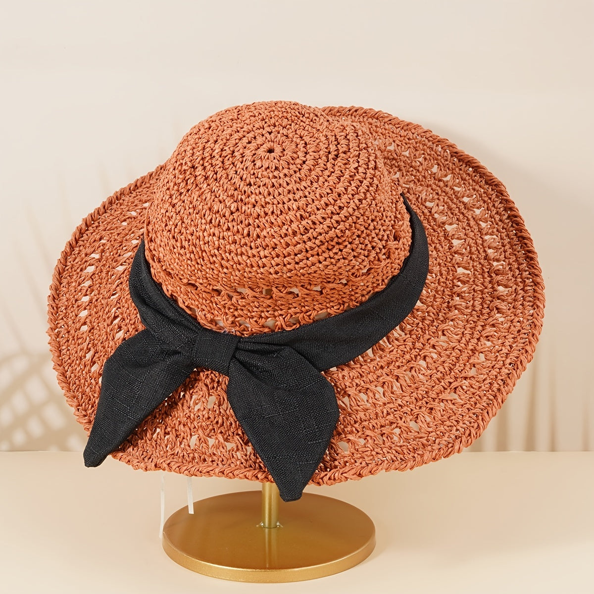 Hollow Crochet Bow Straw Hat Wide Brim Sun Visor Bucket Cap