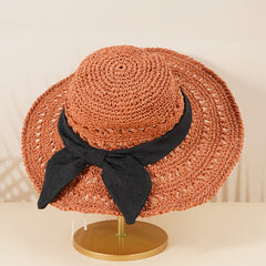 Hollow Crochet Bow Straw Hat Wide Brim Sun Visor Bucket Cap