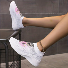 Women's Rhinestone Platform Sneakers Slip On Outdoor Shoes Cut Cartoon Print