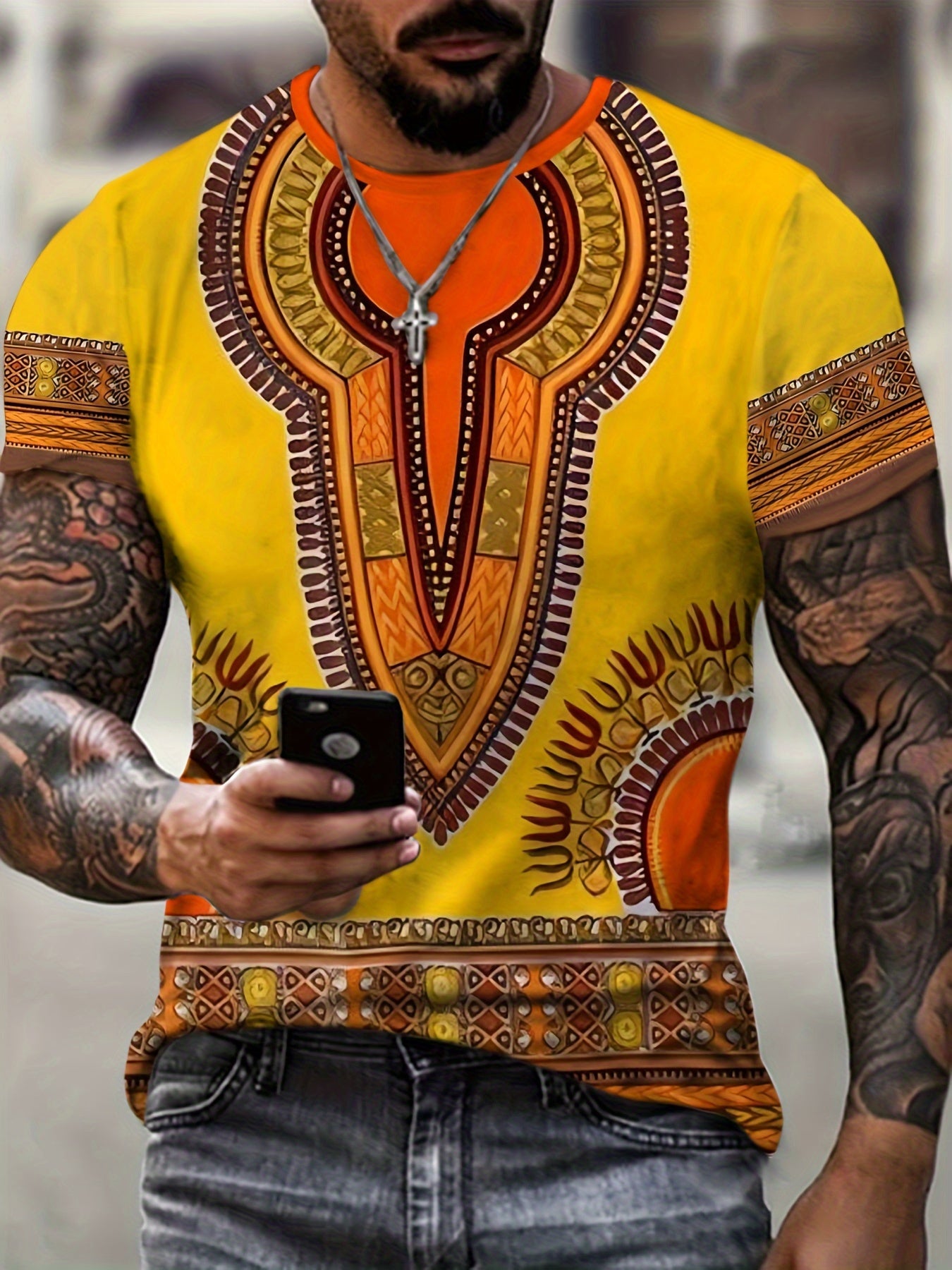 Ethnic Style Pattern Print Men's Short Sleeve Tee