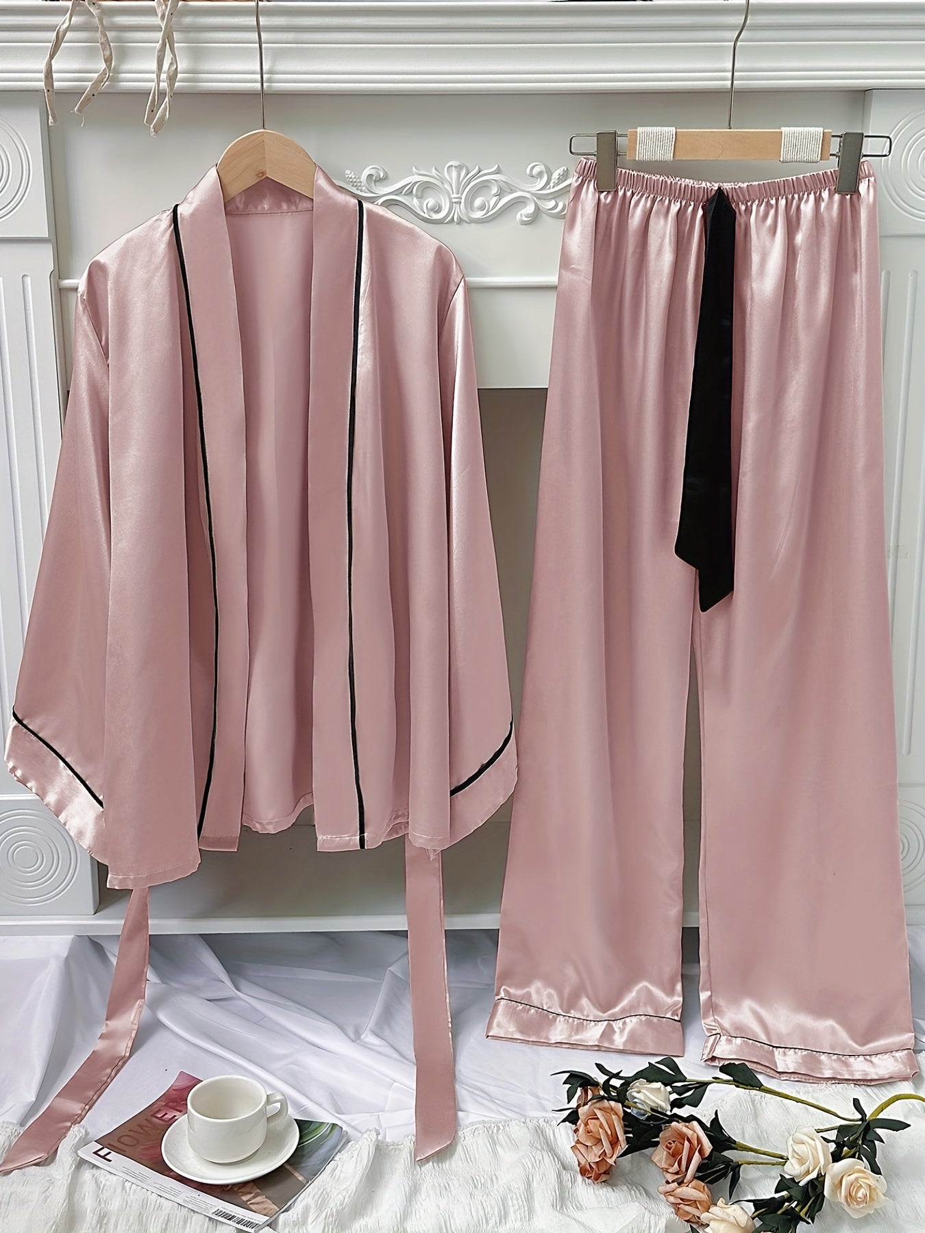 Satin Pajama Set with Long Sleeve Robe & Lace Up Pants