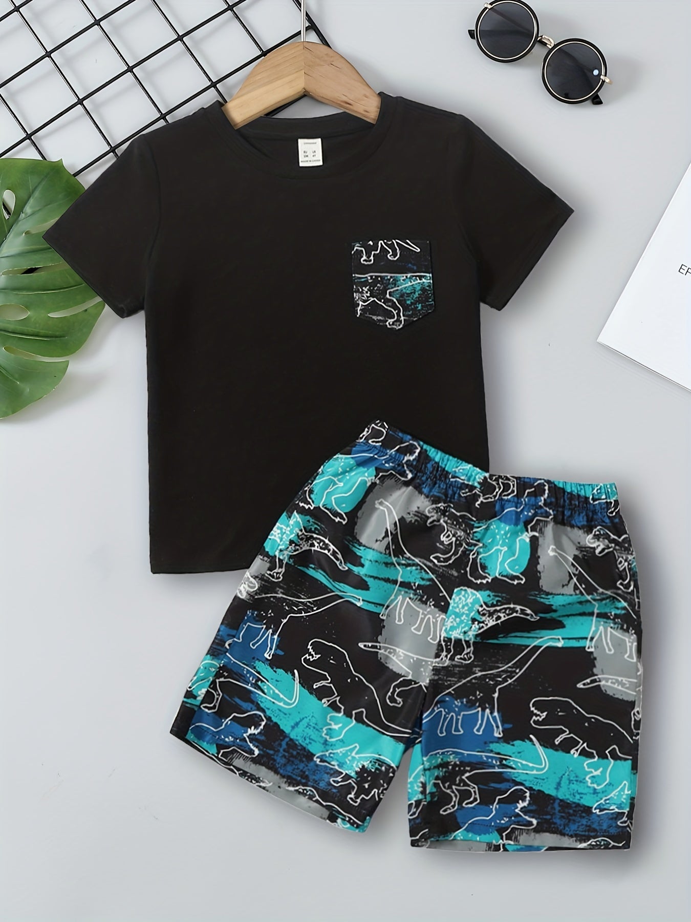 Boys Dinosaur Block Outfit Shorts & Round Neck T shirt Casual Kids Summer