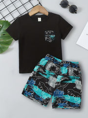 Boys Dinosaur Block Outfit Shorts & Round Neck T shirt Casual Kids Summer