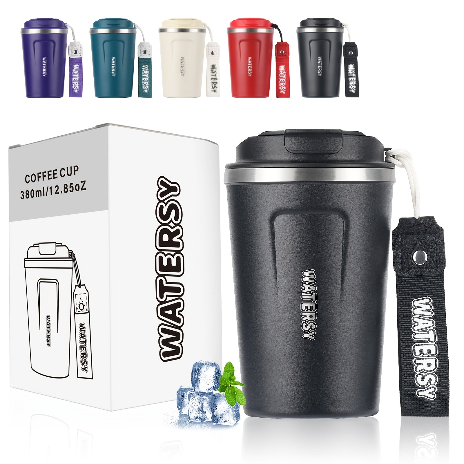 WATERSY 380ml Stainless Steel Coffee Mug with Lid and Strap