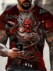 Japanese Warrior Print Tee Active Comfy Crew Neck 3D Print Men's T-shirt