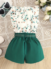 3pcs Girls Casual Lace Flying Sleeve Flower Top & Loose Shorts Summer Kids