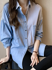 Denim Top Women's Plus Contrast Striped Print