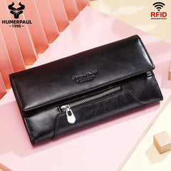 HUMERPAUL Leather Travel Wallet Long Wallet Zipper Closure Red