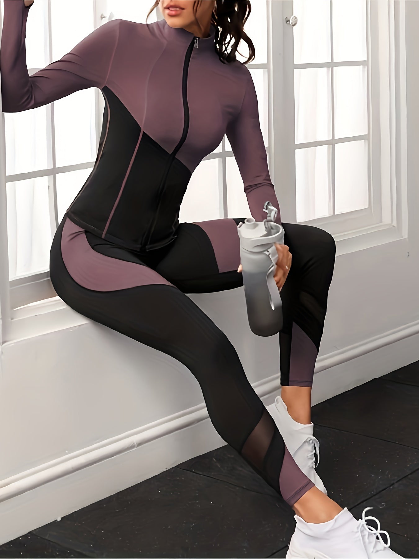 Yoga Set Contrast Long Sleeves Zip Up Slim Fit Tops & Seamless High Elastic Yoga