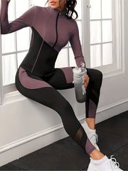 Yoga Set Contrast Long Sleeves Zip Up Slim Fit Tops & Seamless High Elastic Yoga