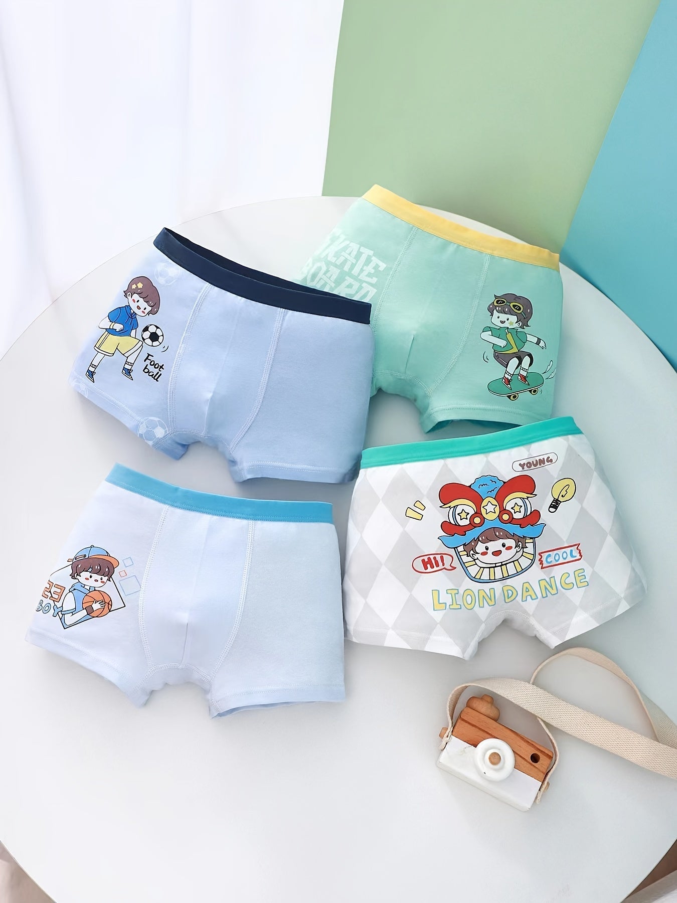 4pcs Boy's Cotton Boxer Briefs Cartoon Sports Boy Print Elastic Waist Shorts